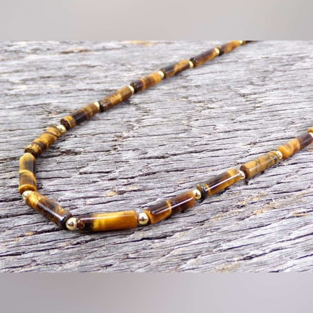 Brown tiger eye stone necklace with small gold beads and tube shape stone beads